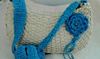  Bolsa de cáñamo Sun N arena tejida natural 13" x 7" correa turquesa flor cremalleras forrada Foto 1 de 4