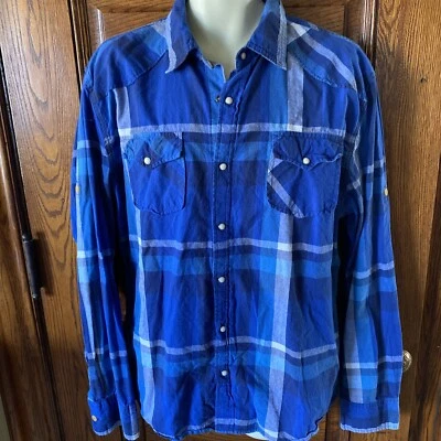 DITCH PLAINS Blue Plaid Cotton, Pearl Snap Western Rodeo Cowboy SHIRT, Men's XXL - Image 1 of 4