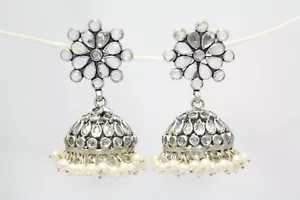 Dangle jhumki women's earrings 925 sterling silver white zircon pearl A 151 - Picture 1 of 7