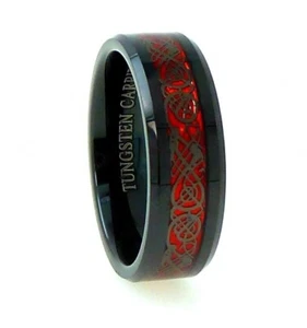 Mens Tungsten Carbide Ring Black Celtic Dragon on Red Carbon Fiber Band 8mm - Picture 1 of 3