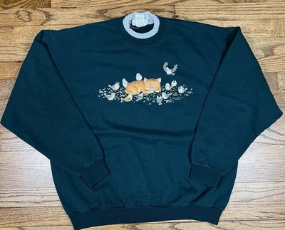 Sudadera Morning Sun Para Mujer Grande Verde Gato Pájaros Gráfico Pullover Cuello Redondo Foto 1 de 4