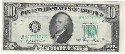 1950 A $10 Federal Reserve Note MIsaligned Overprint Error centerfold - Image 1 of 2