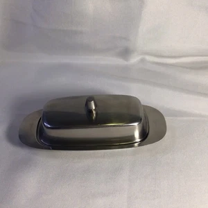 ONEIDA BUTTER DISH, STAINLESS STEEL WITH GLASS PLATE - Picture 1 of 13