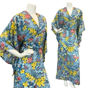 VTG 70S KIMONO KAFTAN FLORAL MAXI DRESS BLUE YELLOW RED 10-12 - Picture 1 of 11