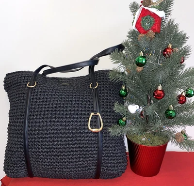 NWT Lauren Ralph Lauren Black Leather Trim Straw Large Tolton Tote Bag - Image 1 of 4