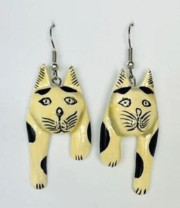 Cat Earrings Dangle Vintage Hand Painted Cream Funky Animal Boho Whimsical 2" - Picture 1 of 3