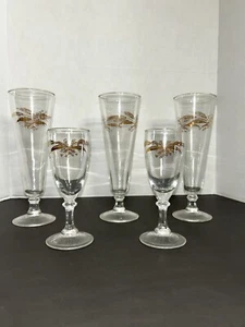 Vintage Golden Wheat and Flowers Pilsner & Cordial Glasses - Set Of 5 - Picture 1 of 9