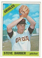 1966 TOPPS # 477 STEVE BARBER BALTIMORE ORIOLES BASEBALL CARD - NO CREASES !!!