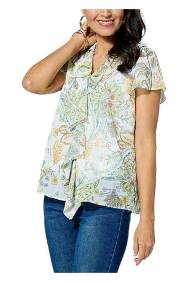 Jaclyn Smith Short Ruffle Front Printed Top w/Camisole Feather Paisley - Изображение 1 из 1