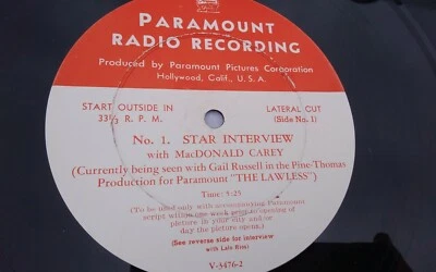 MacDonald Carey – Paramount Pictures Radio Recording #V-3476 “The Lawless”   - Image 1 of 4