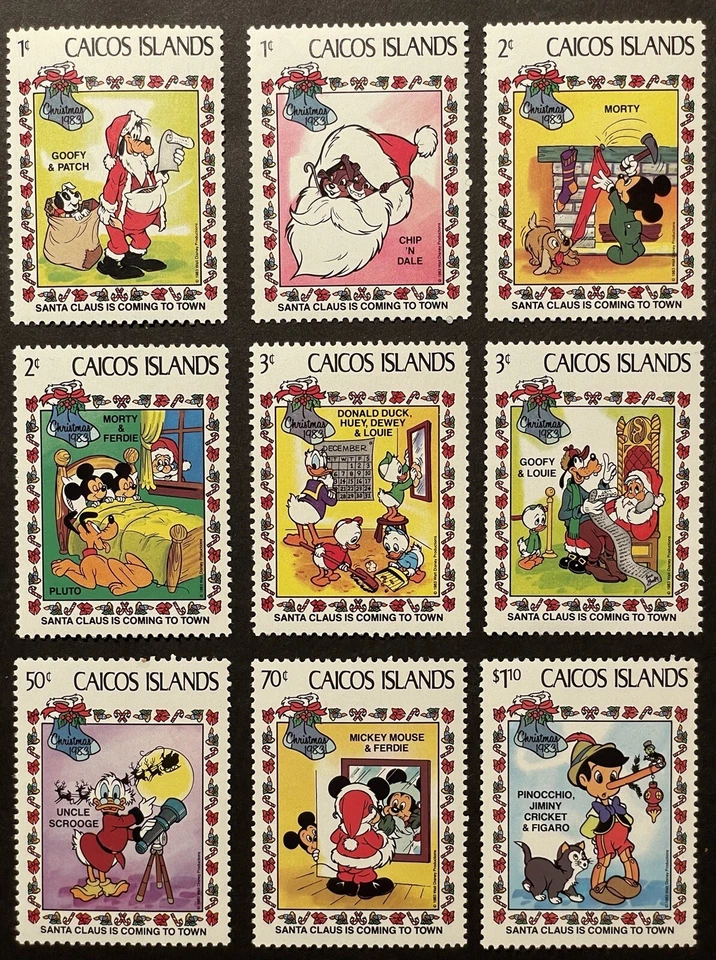 JUEGO DE SELLOS DE NAVIDAD CAICOS DISNEY 9V 1983 MNH SANTA CLAUS ESTÁ LLEGANDO A LA CIUDAD Foto 1 de 1