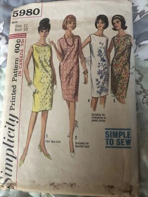 Simplicity 1965 Women’s (5980) Dress Sewing Pattern - Size 12 Bust 32 VTG - Image 1 of 4