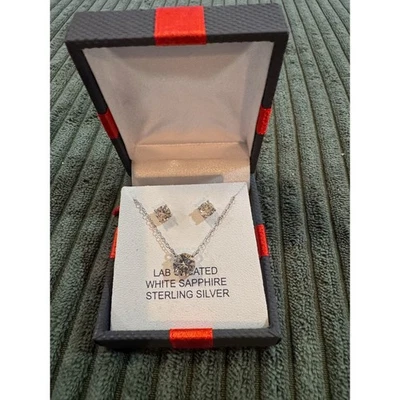 Sterling Silver Lab Created White Sapphire Necklace Earrings Set 18 Inch - Image 1 of 4