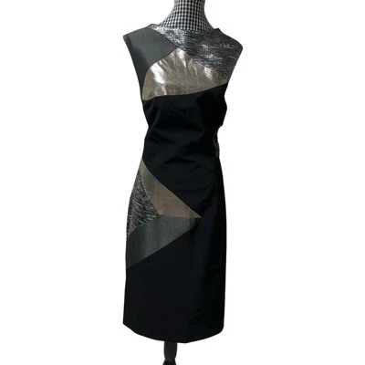 Vestido Vaina Nicole Miller Negro Metálico Retazos Tweed Cuero Manga Gorra 8 Foto 1 de 4