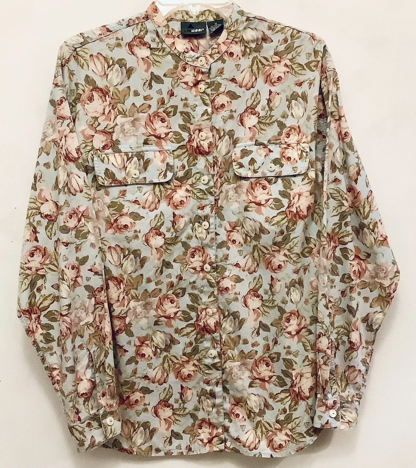 Blusa Top LizWear Mujer Talla M Azul Algodón Floral Cuello Banda Largo Slv Cottage Core Foto 1 de 4