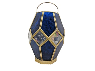 Linterna portavelas de metal vitral azul HomeGoods hecha en India Foto 1 de 4