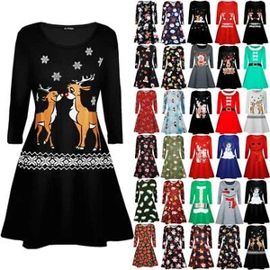 Kids Xmas Kissing Reindeer Snowflakes Aztec Print Christmas Girls Swing Dress - Picture 1 of 187