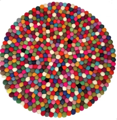 Großer Regenbogen Filz Ball Teppich aus Nepal - lebendiges buntes Design - 100% Wolle - Bild 1 von 3