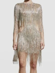 $5995 Naeem Khan Women Silver Side-Cutout Beaded Fringe Silk Mini Dress Size 10 - Picture 1 of 4