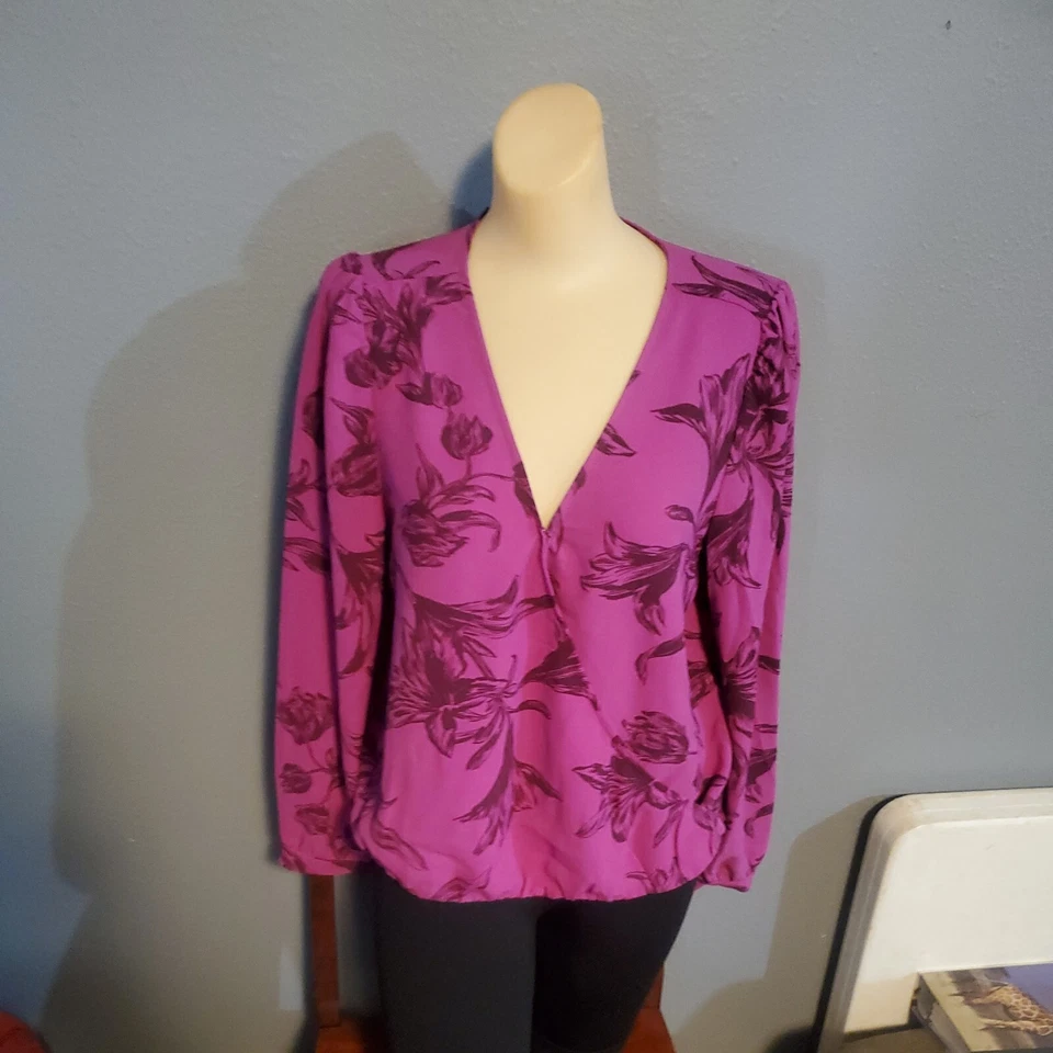a Day Womens Floral Print Puff Long Sleeve Wrap Top Medium Purple