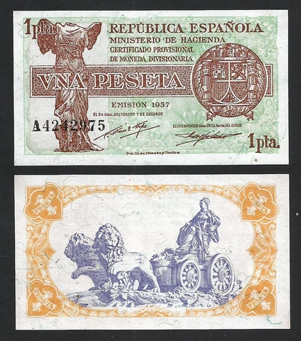 Spain Espana 1 Peseta 1937, UNC, P-94 Cover