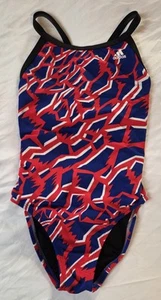 Adidas Kid's Size 26 Red, White & Blue Geometric Pattern One Piece Swimsuit - Picture 1 of 9