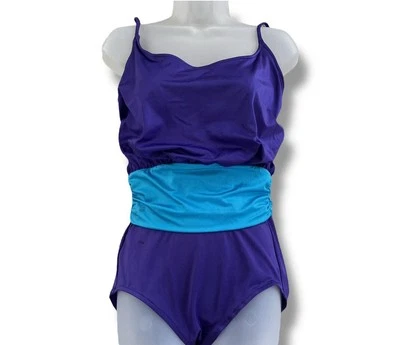 Винтажный 80-х / 90-х годов Сирена Blouson верхний цельный купальник цвет блок фиолетовый бирюзовый 16 - Изображение 1 из 4