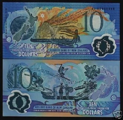 New Zealand 10 DOLLARS P-190 2000 Commemorative POLYMER Canoe Ski Scuba UNC NOTE - Image 1 of 4