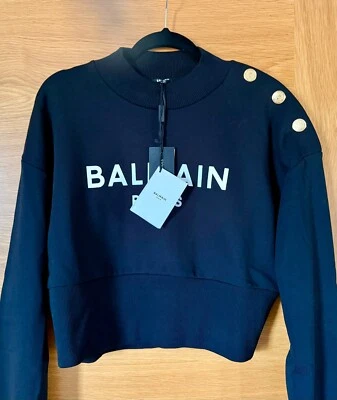 BALMAIN MOLETOM LOGOTIPO CROPPED BOTÕES DOURADOS PRETO TAMANHO L £695 NOVO - Imagem 1 de 4