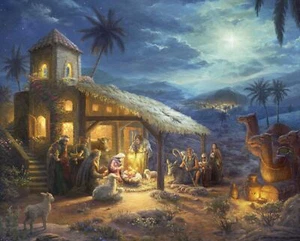 35" Fabric Panel | David Textiles Christmas Nativity Manger Scene Blue - Picture 1 of 1