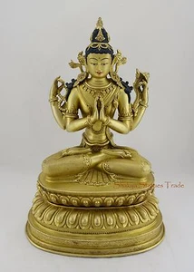 Cara dorada tallada a mano pintada 15,5" Chenrezig estatua de cobre Patan, Nepal - Imagen 1 de 4