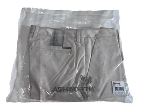 ASHWORTH Dress Golf Pants Men Light Khaki Prince Of Wales Plaid 34x32 Flat Front - Picture 1 of 12