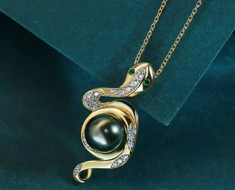 Impresionante colgante de perlas verdes negras redondas tahitianas de 9-10 mm 925 suntuoso regalo Foto 1 de 3