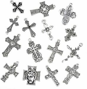 10 Cross Charms Antiqued Silver Cross Pendants Christian Catholic Religious Mix