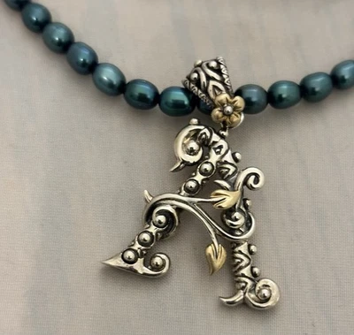 Barbara Bixby 925 SS 18K 初始“A”吊坠/增强剂蓝绿色培养珍珠项链 — 第 1/4 张图片