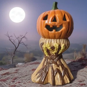 Vintage 1978 signierte Keramik Jack O Laterne 8" Kürbis Weizen Basis Halloween Dekor - Bild 1 von 23