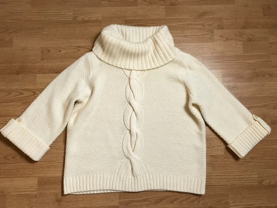 Talbots Sweater Womens 2X Cream Cowl Neck Waffle Cable Knit Chunky Cuffed Sleeve - Image 1 of 4