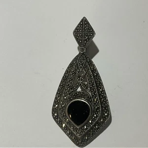Victorian Vintage Sterling Silver ONIX & MARCASITE pin Brooch 2 1/4" - Picture 1 of 6