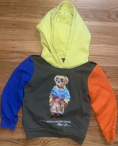 Polo Ralph Lauren Bear Hoodie Kids Size 4T Fleece Colorblock Blue Orange Green - Picture 1 of 3