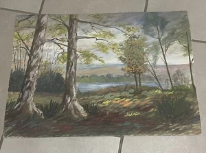 "Tablero de papel de pintura de paisaje vintage estanque árboles de campo 14"" X 20"" usando" - Imagen 1 de 16