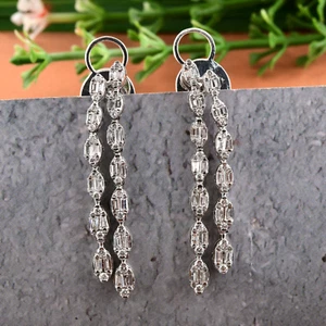 1.18 Ct Lab Grown CVD Baguette Round Diamond Dangle Earrings Gift 14k White Gold - Picture 1 of 9