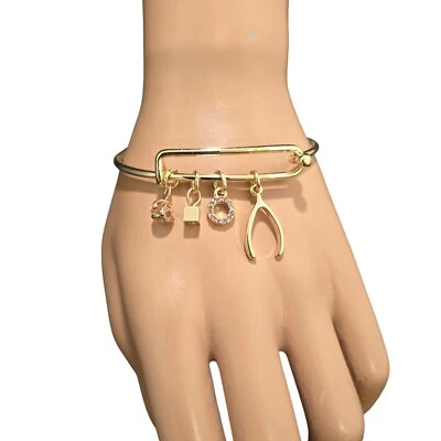 Women's Charm Bracelet Gold Plated , Pink Rhinestone , Wishbone NWOT - Image 1 of 4