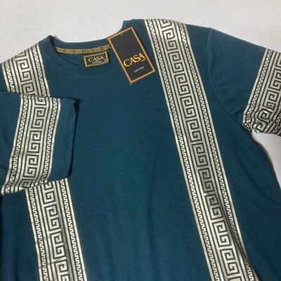 NWT Casa Moda Men’s T-shirt Green w/ Gold Greek Key Pattern Men's Size Medium - Image 1 of 4