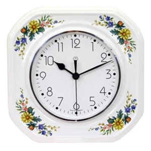 R Funk-Küchenuhr bunte Blüten Wanduhr Funkuhr Küchenuhr Keramik eckig weiß  - Bild 1 von 2