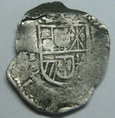 PHILIP III 2 REAL COB 1600s CURIOUS FORM SPANISH SILVER COLONIAL ERA COB ANTIQUE - Image 1 of 4