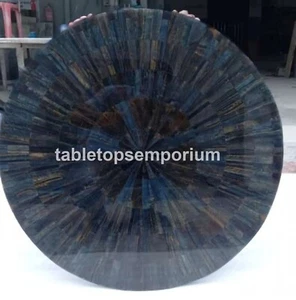 Buy Antique Blue Tiger Eye Stone Round Coffee Side Center Table Handmade Tops - Picture 1 of 8