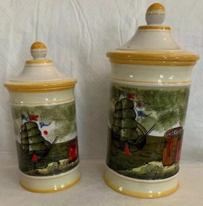Vintage Kitchen Ceramic Canisters Pair Nautical Themed Ships Made in Italy (2) - Picture 1 of 7