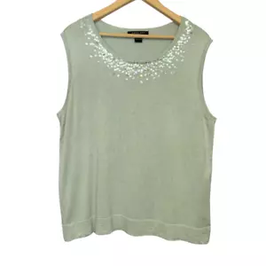August Silk Womens Cashmere Blend Tank Size 1X Green Soft Sequined Quiet Luxury - Picture 1 of 8