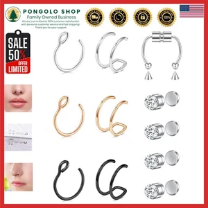 Non-Piercing Nose & Lip Jewelry - 3 Rings, Hoops, and Gift Bag for Trendy Styles - Picture 1 of 8
