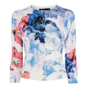 Cárdigan KAREN MILLEN Marfil Azul Rosa Viscosa Natural Logo Botones XS Nuevo con Etiquetas - Imagen 1 de 2